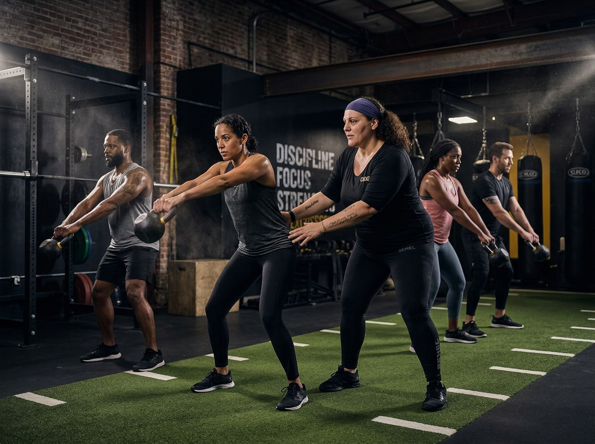 Laura Berardi leading a small group through kettlebell swings