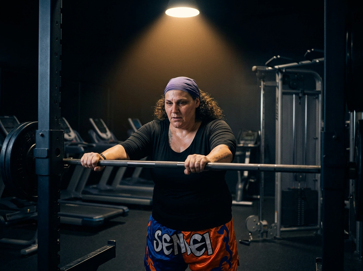Laura Berardi racking a barbell alone in the club late at night under a single spotlight