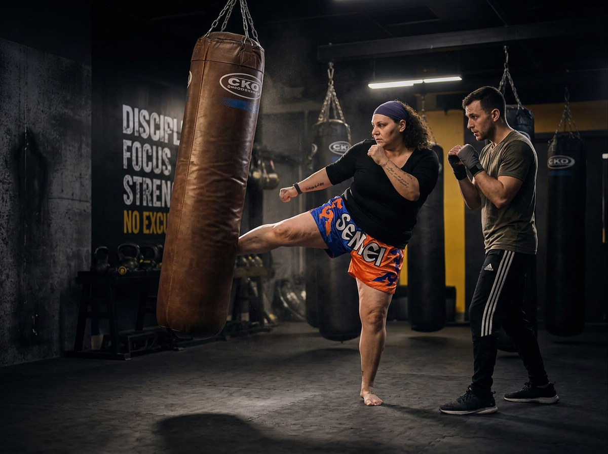 Laura Berardi demonstrating a roundhouse kick beside a heavy bag