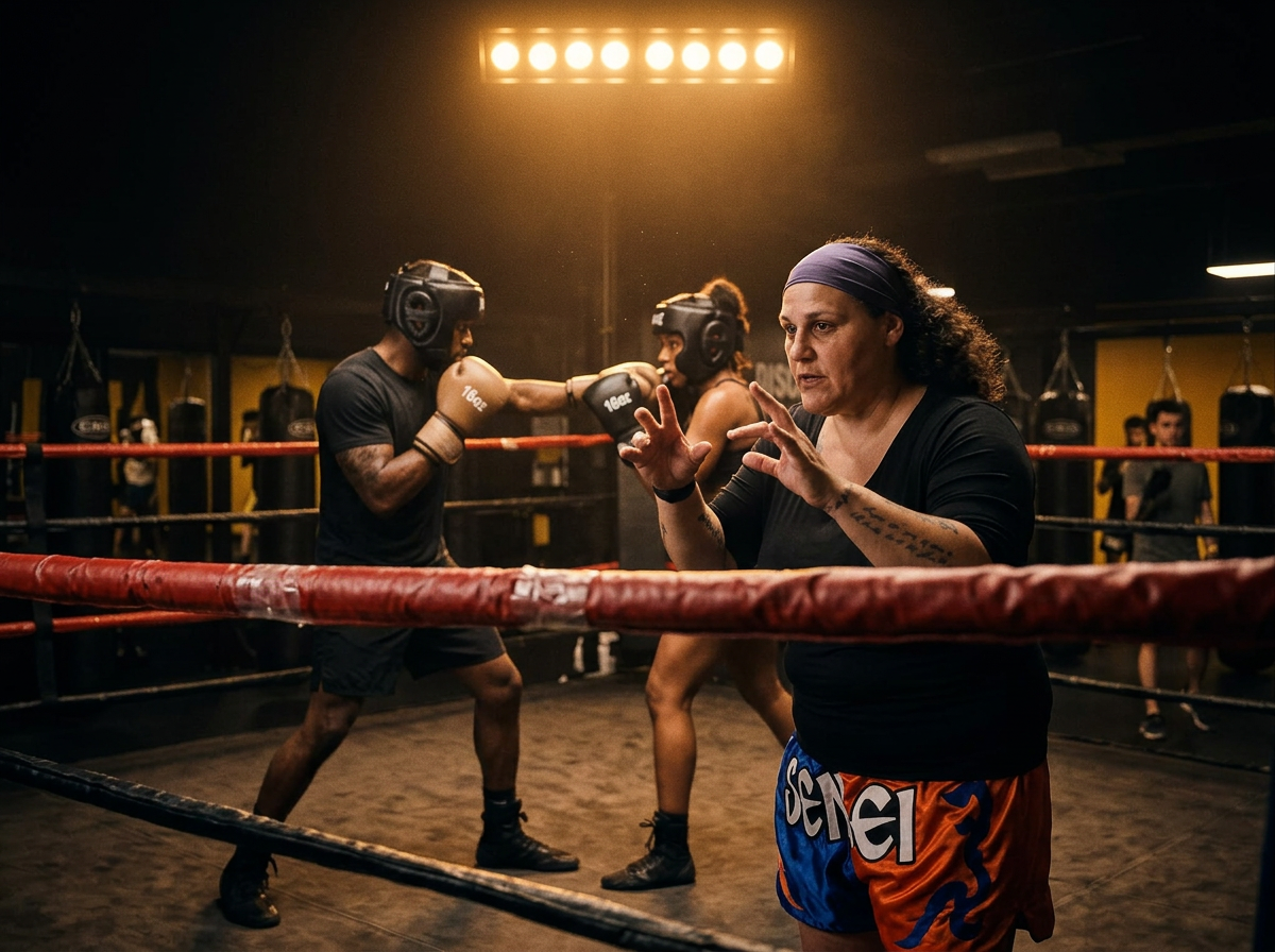 Laura Berardi coaching two members through controlled sparring in the ring
