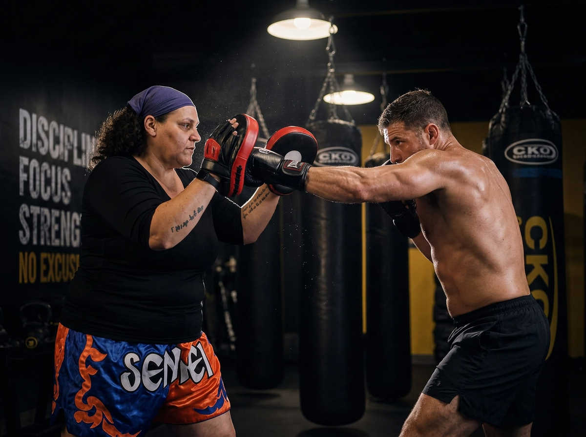 Laura Berardi holding focus mitts while a client throws a cross