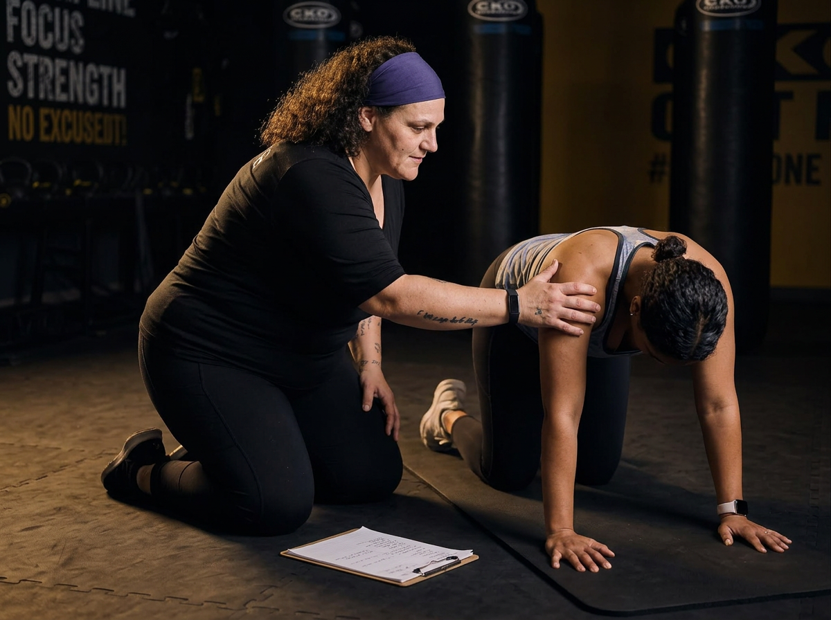 Laura Berardi guiding a client through a floor mobility drill