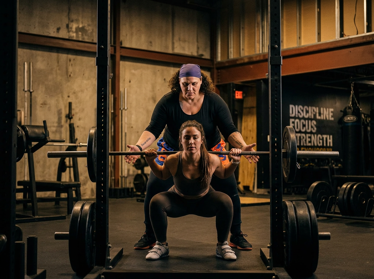Laura Berardi spotting a client through a barbell back squat